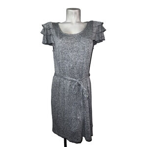 ANN TAYLOR LOFT Women's Size L Grey Marbled Tiered Flutter SS Belted Knit Dress